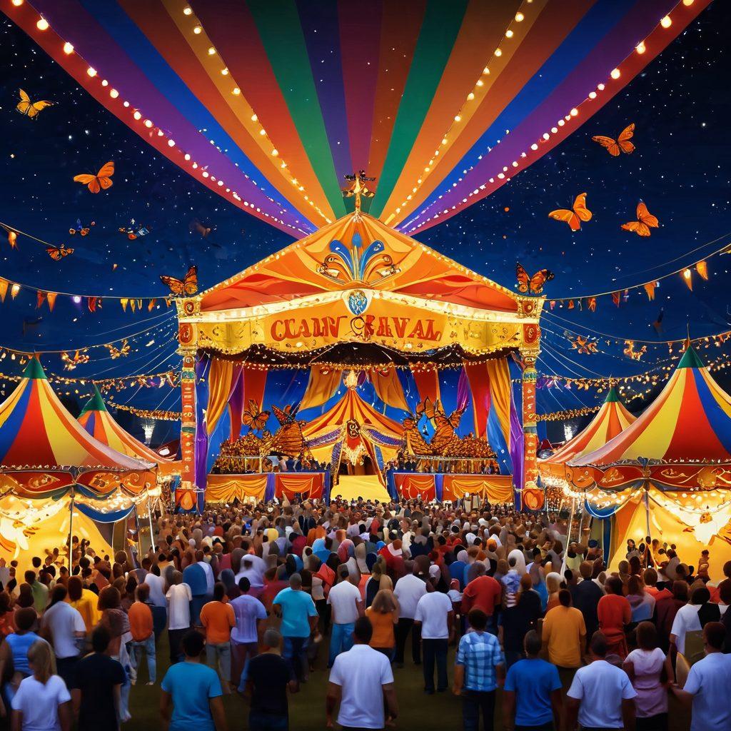 A vibrant carnival scene with majestic monarch butterflies fluttering around a joyful crowd enjoying entertainment. Colorful tents and stages are adorned with dazzling lights, while people dance and celebrate. A regal throne is placed at the center, evoking a sense of royalty amidst the festivities. Bright and euphoric atmosphere with a sense of wonder. super-realistic. vibrant colors. festive background.
