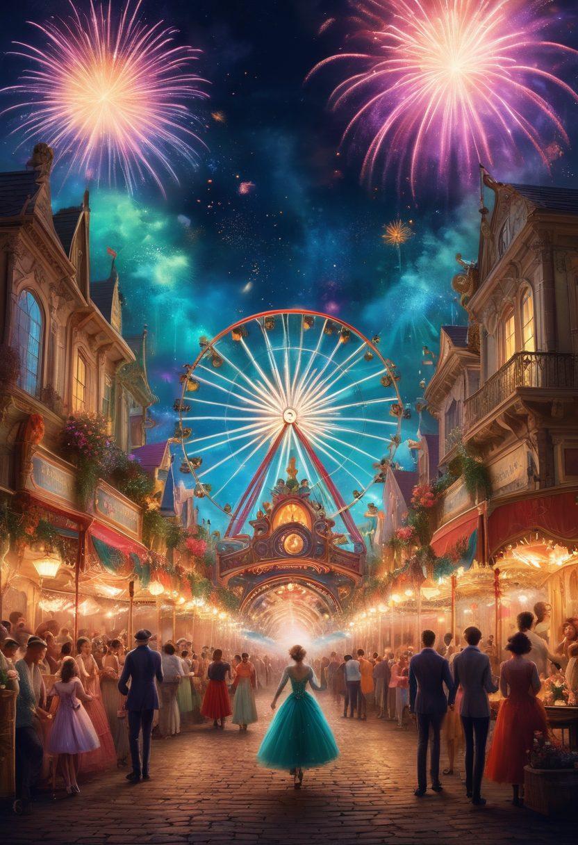 A whimsical and vibrant scene capturing a magical realm filled with fantastical creatures enjoying extravagant performances, colorful fireworks illuminating the sky, enchanted forests surrounding a playful carnival atmosphere, where joy radiates from every corner. The characters showcase a blend of elegance and fantasy, with ethereal lights guiding the way. super-realistic. vibrant colors. mystical atmosphere.