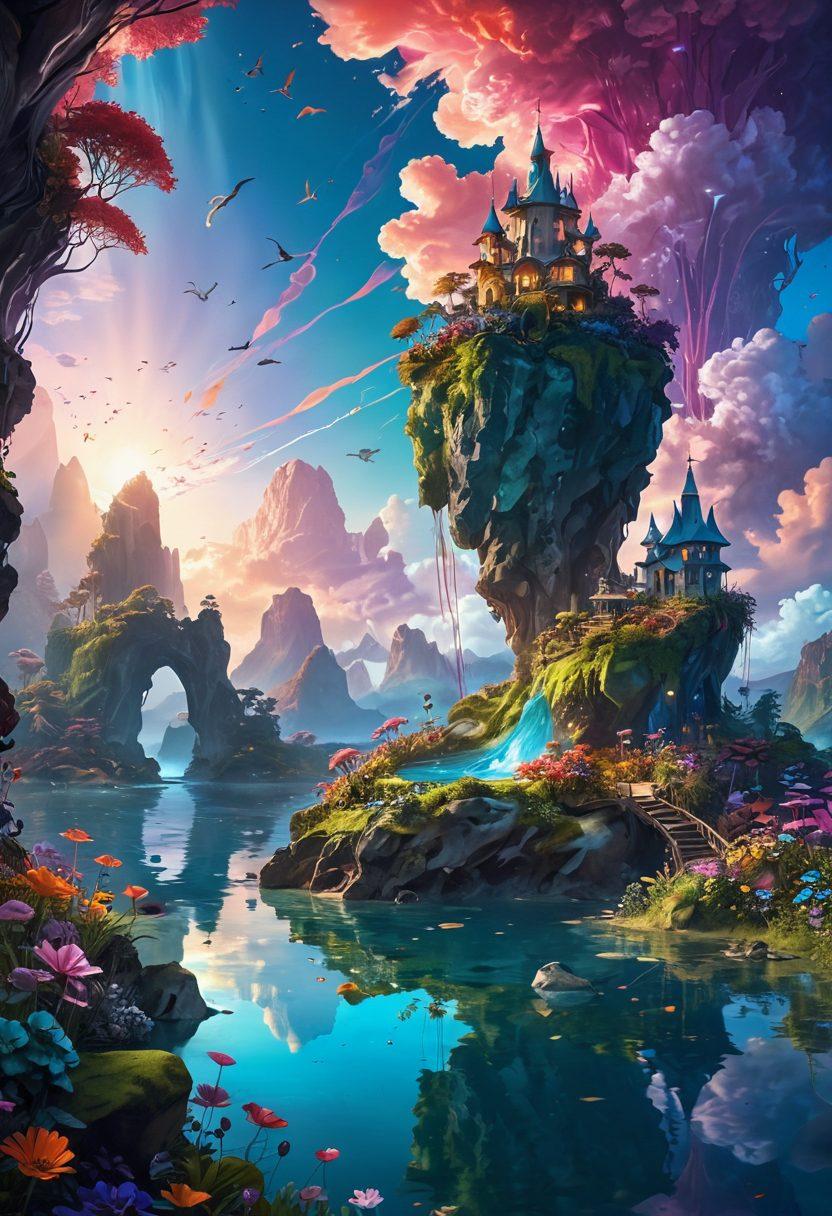A whimsical landscape filled with vibrant, surreal elements like floating islands, oversized flowers, and mythical creatures, all bathed in ethereal light. In the foreground, a figure revels in an imaginative adventure, surrounded by swirling colors and abstract shapes symbolizing bliss and exploration. The atmosphere should be enchanting and inviting, reflecting the extraordinary nature of fantasies. fantasy art. vibrant colors. dreamy atmosphere.